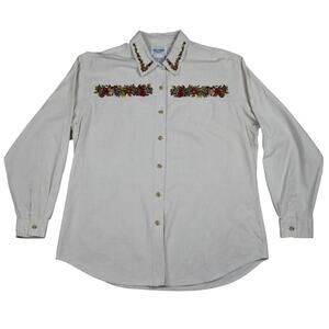 Vintage beige checked floral embroidered button up shirt top women's size xlarge